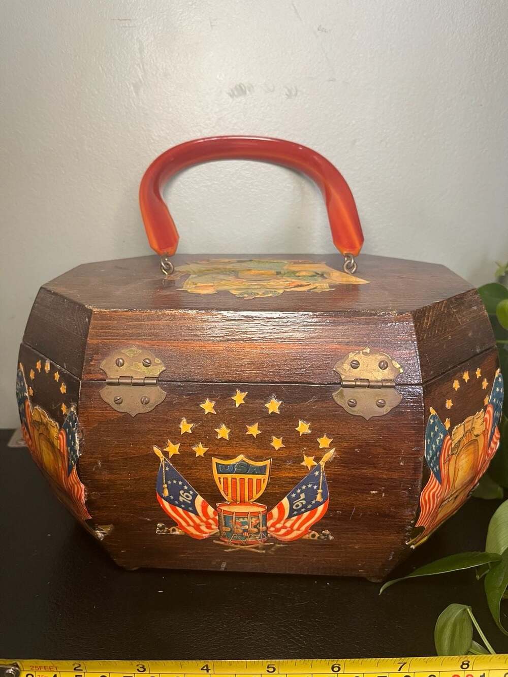 Vintage 1976 Bicentennial Wooden Box Purse Liberty Bell Decoupage Red Handle - Picture 3 of 6